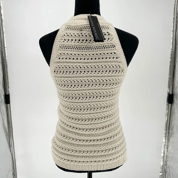 NEW Banana Republic Tamra Crochet Halter Knit Top Cream Neutral Chic Organic M - Picture 4 of 5